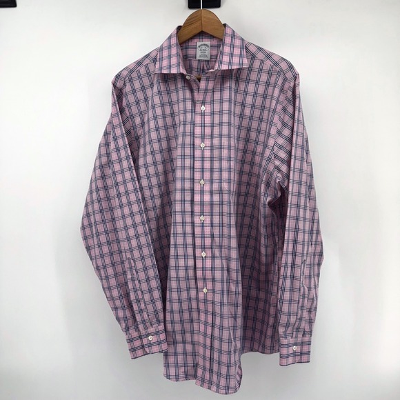 Brooks Brothers Regent Dress Shirt Mens 16.5 35 Pink Blue Plaid Non-Iron Cotton - Picture 2 of 9